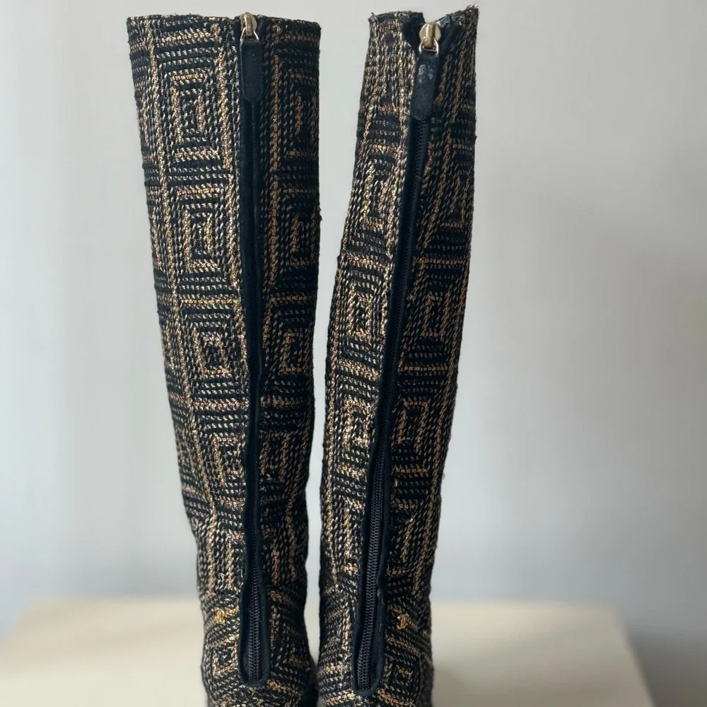 CHANEL Runway Byzantine Tweed Gold Cage High Boots 37 Pre fall 2012